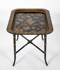 Lacquered and Gilt Decorated Papier Mache Dished Tray Table