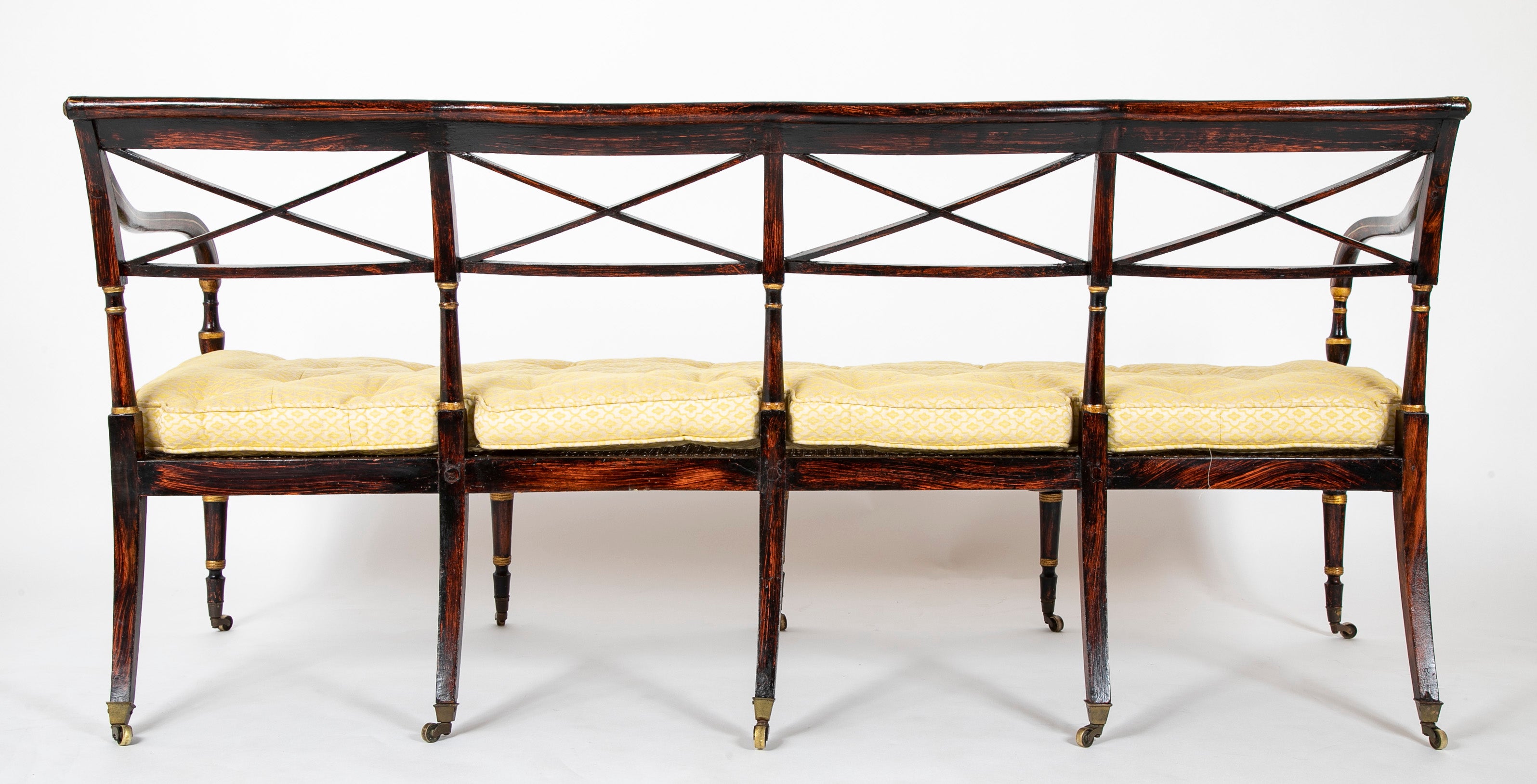 19th Century English Faux Bois Painted Bench with Caned Seat