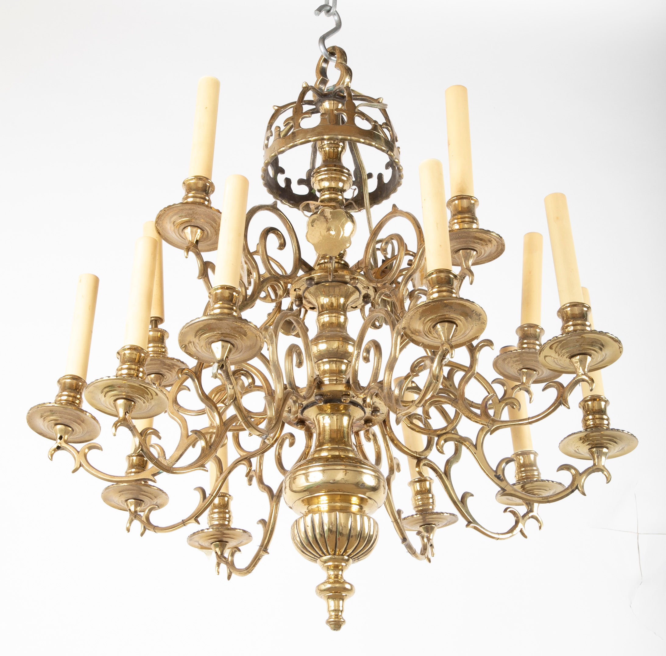 Early Brass 14 Arm Two Tier Chandelier with Original Reflectors