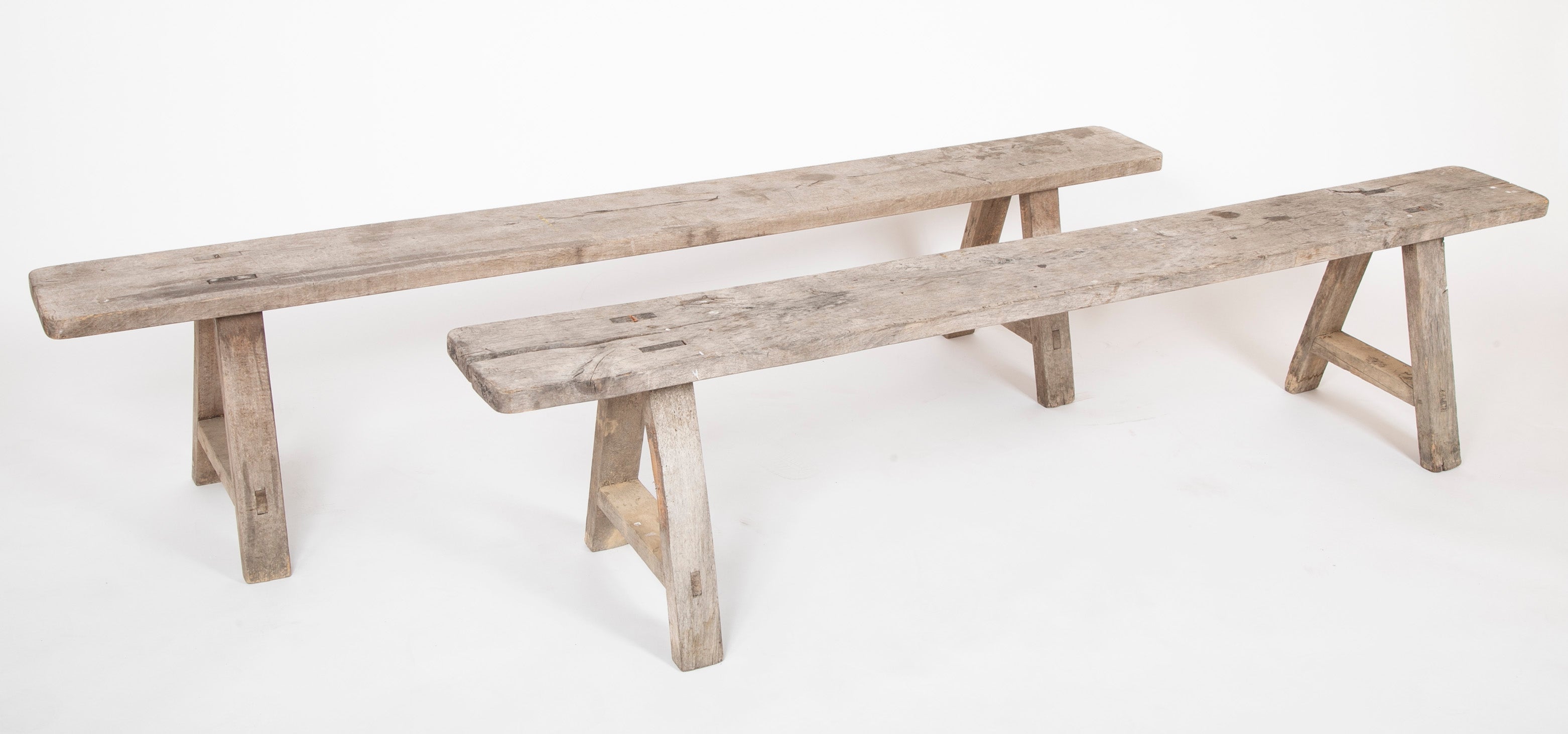 A Pair of French Farmhouse Weathered Oak Backless Benches