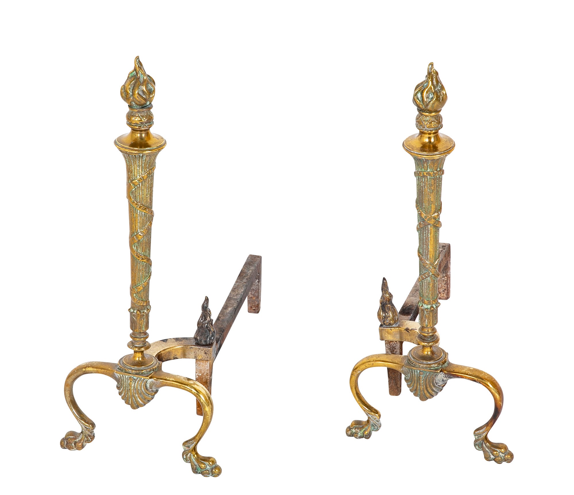 Pair of 20th Century Brass Andirons with Flame