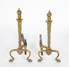 Pair of 20th Century Brass Andirons with Flame