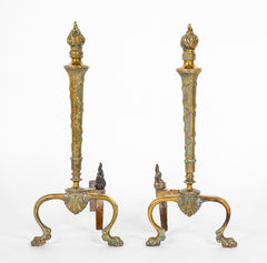 Pair of 20th Century Brass Andirons with Flame
