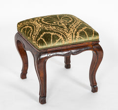 Early 17th Century French Cabriole Leg Walnut & Upholstered Stool