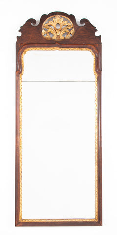 Queen Anne Mahogany Mirror with Beveled 2 Part Glass & Pierced Gilded Shell Crest