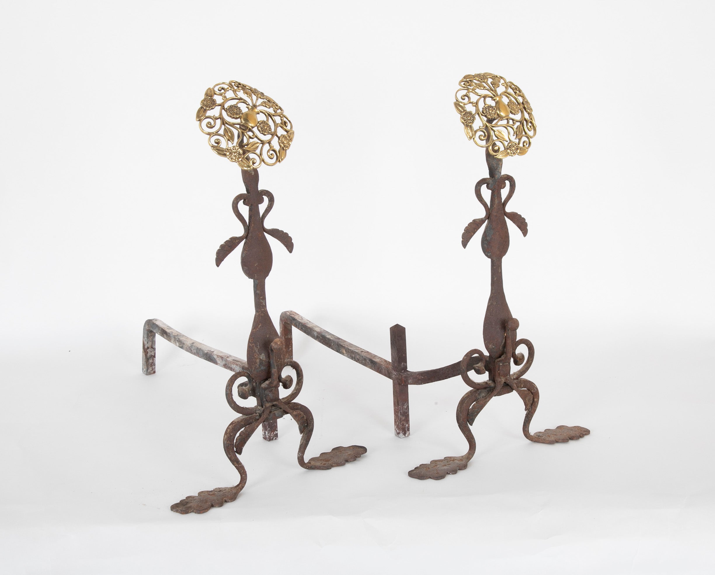 Pair of Brass & Iron Andirons with Pierced Brass Medallions.  Tools Available