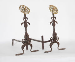 Pair of Brass & Iron Andirons with Pierced Brass Medallions.  Tools Available