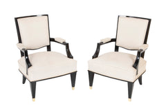 Pair of Black Lacquer Wood Frame Arm Chairs, by Jacques Adnet