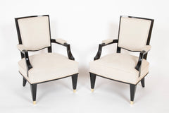 Pair of Black Lacquer Wood Frame Arm Chairs, by Jacques Adnet