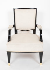 Pair of Black Lacquer Wood Frame Arm Chairs, by Jacques Adnet