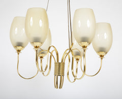 Paavo Tynell  Six Light Brass and Glass Chandelier (Model 9011)