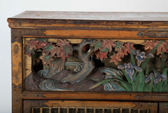 Gold Leaf Japanese Cabinet with Carved & Painted Panels of Flowers