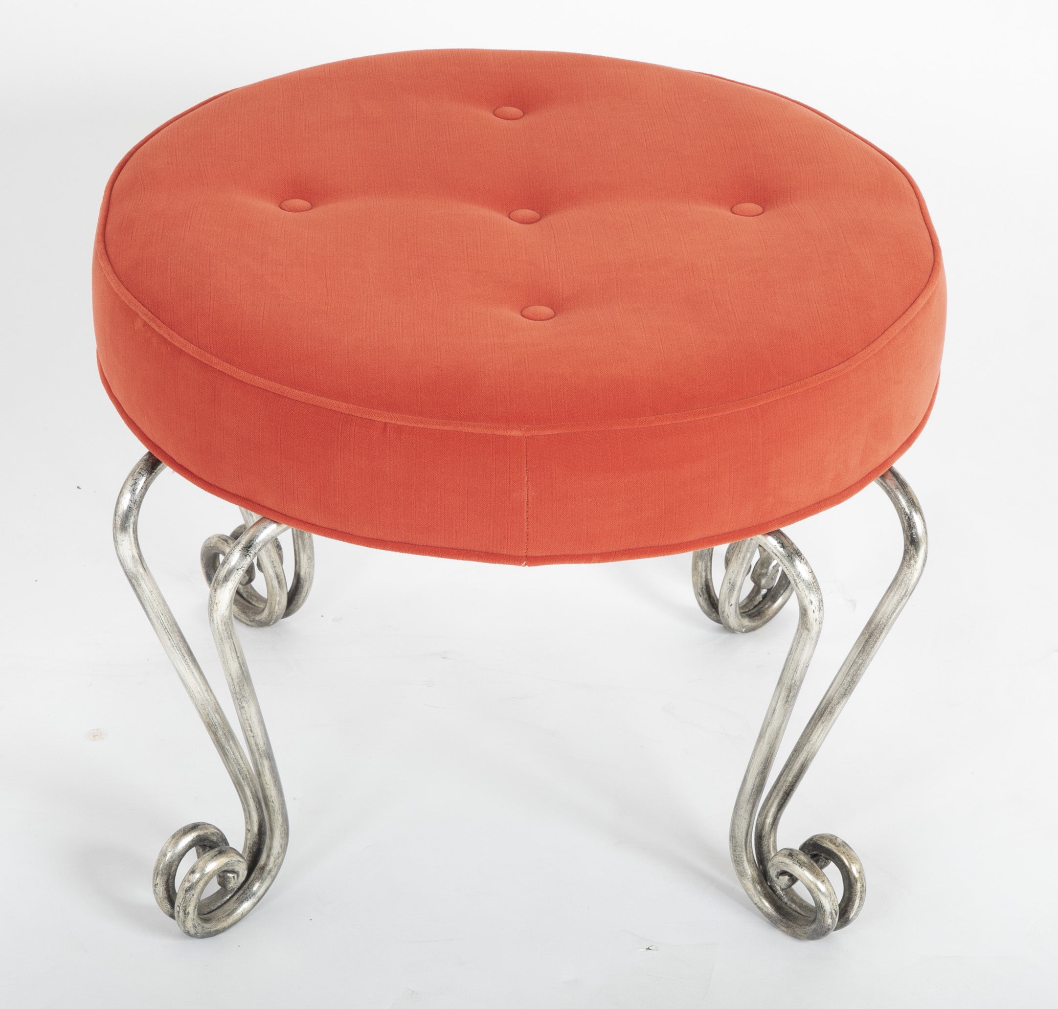 Gilt French Steel Ottomans with Velvet Fixed Cushion in the Style of Jean Royere
