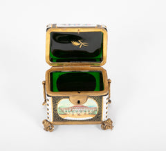 Very Rare Bohemian Green Cut to White to Clear Box with Hand Painted Scenes