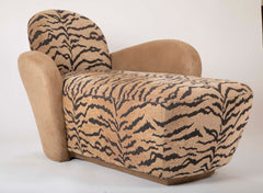 A Mid Century Sofa/Chaise in Suede Leather and Tiger Fabric