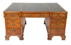 Finely Sculpted English George III Style Burl Walnut over Mahogany Pedestal Partner's Desk