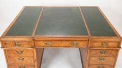 Finely Sculpted English George III Style Burl Walnut over Mahogany Pedestal Partner's Desk