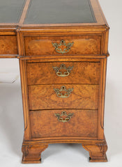 Finely Sculpted English George III Style Burl Walnut over Mahogany Pedestal Partner's Desk