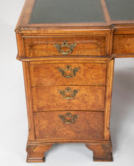 Finely Sculpted English George III Style Burl Walnut over Mahogany Pedestal Partner's Desk