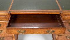 Finely Sculpted English George III Style Burl Walnut over Mahogany Pedestal Partner's Desk