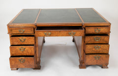 Finely Sculpted English George III Style Burl Walnut over Mahogany Pedestal Partner's Desk