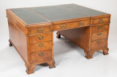 Finely Sculpted English George III Style Burl Walnut over Mahogany Pedestal Partner's Desk