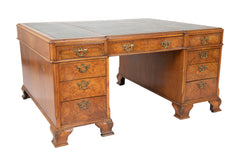 Finely Sculpted English George III Style Burl Walnut over Mahogany Pedestal Partner's Desk