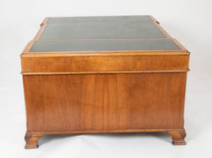 Finely Sculpted English George III Style Burl Walnut over Mahogany Pedestal Partner's Desk