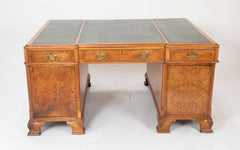 Finely Sculpted English George III Style Burl Walnut over Mahogany Pedestal Partner's Desk