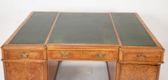 Finely Sculpted English George III Style Burl Walnut over Mahogany Pedestal Partner's Desk