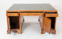 Finely Sculpted English George III Style Burl Walnut over Mahogany Pedestal Partner's Desk