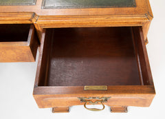 Finely Sculpted English George III Style Burl Walnut over Mahogany Pedestal Partner's Desk