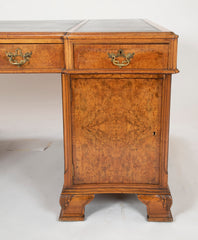 Finely Sculpted English George III Style Burl Walnut over Mahogany Pedestal Partner's Desk