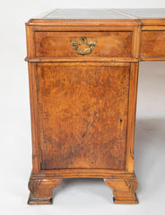 Finely Sculpted English George III Style Burl Walnut over Mahogany Pedestal Partner's Desk