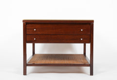 Pair of Occasional Black Leather Top Walnut Tables by Paul McCobb for Calvin Irwin