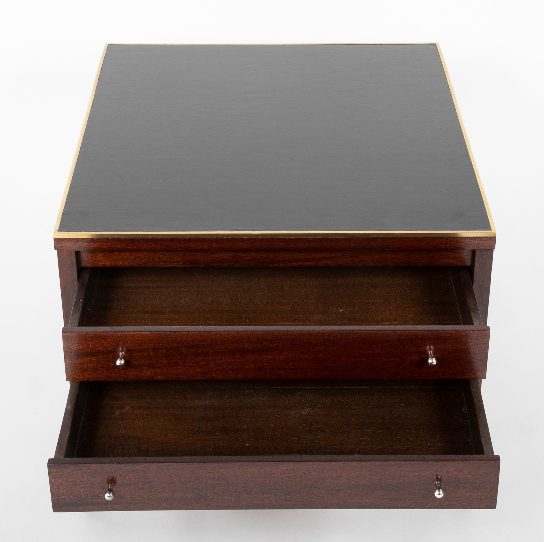 Pair of Occasional Black Leather Top Walnut Tables by Paul McCobb for Calvin Irwin