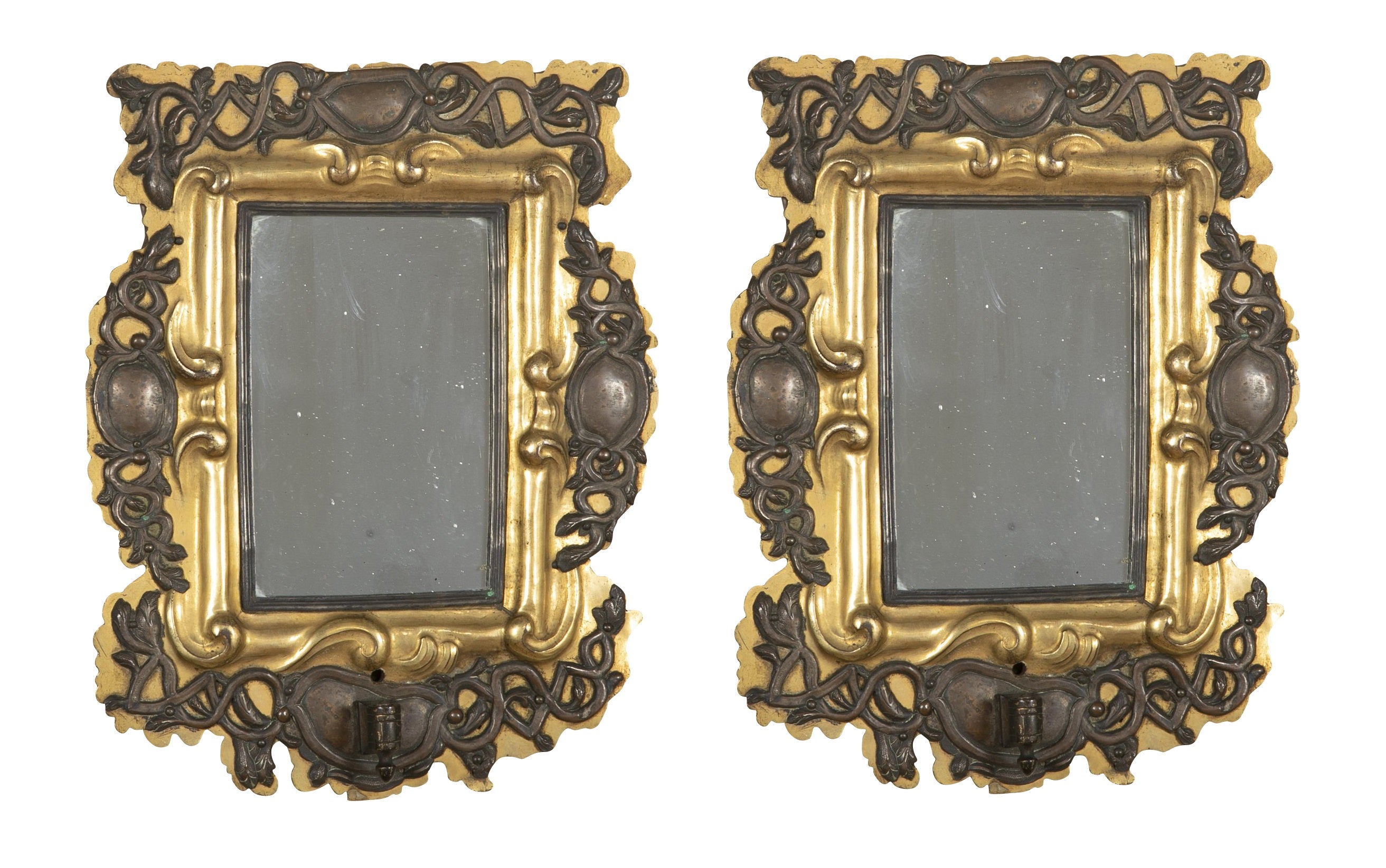 Pair of Unusual 18th Century Brass & Silver Mirror Sconces