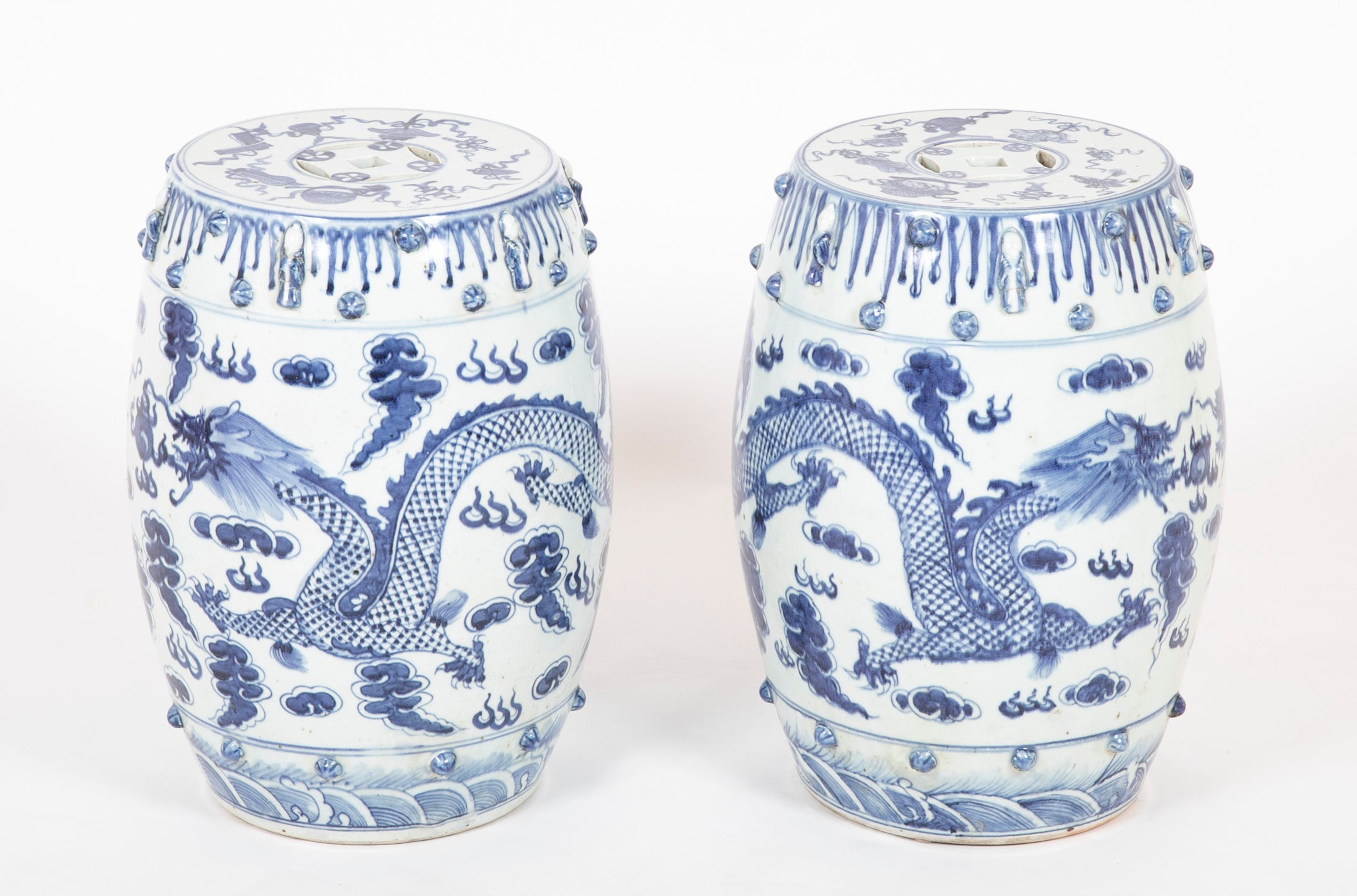 Pair of Chinese Export Blue & White Garden Stools