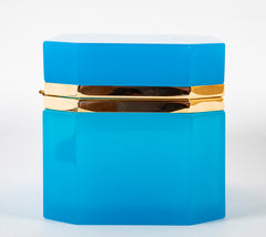 Large Turquoise Opaline Glass Box with Clipped Corners & Brass Mounts