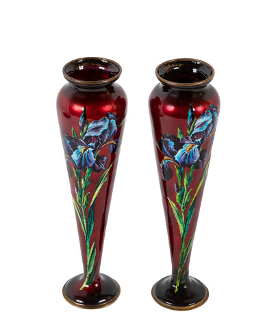 Pair of Signed Camille Faure Enamel on Copper Vases Depicting Iris