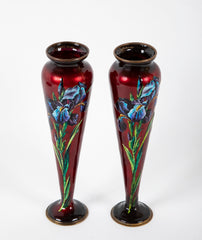 Pair of Signed Camille Faure Enamel on Copper Vases Depicting Iris