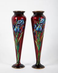 Pair of Signed Camille Faure Enamel on Copper Vases Depicting Iris