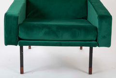 Pair of Upholstered Italian Mid-Century Armchairs with Walnut Tipped Legs