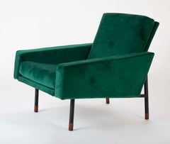 Pair of Upholstered Italian Mid-Century Armchairs with Walnut Tipped Legs