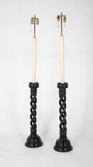 Pair of Ebonized Twisted Wood Candlesticks as Standing Lamps