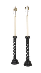 Pair of Ebonized Twisted Wood Candlesticks as Standing Lamps