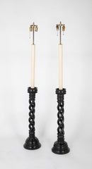 Pair of Ebonized Twisted Wood Candlesticks as Standing Lamps