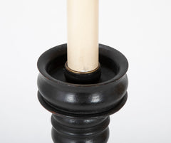 Pair of Ebonized Twisted Wood Candlesticks as Standing Lamps