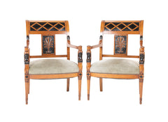 A Pair of Continental Neoclassical Chairs with Carved Egyptian Head on the Arm