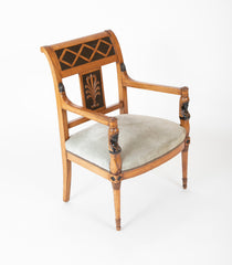 A Pair of Continental Neoclassical Chairs with Carved Egyptian Head on the Arm